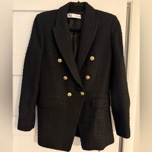 Zara Black Textured Blazer with Gold Buttons